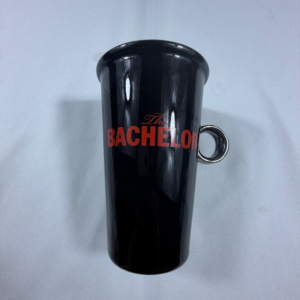 The Bachelor ABC TV Show Ceramic Travel Mug Black with Red Logo and‎ Ring Handle